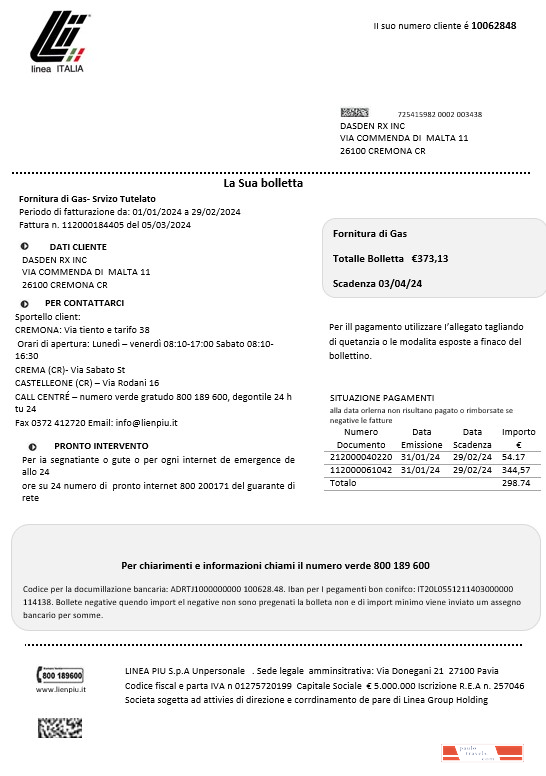 Italy Linea Italia business utility bill template in Word and PDF format